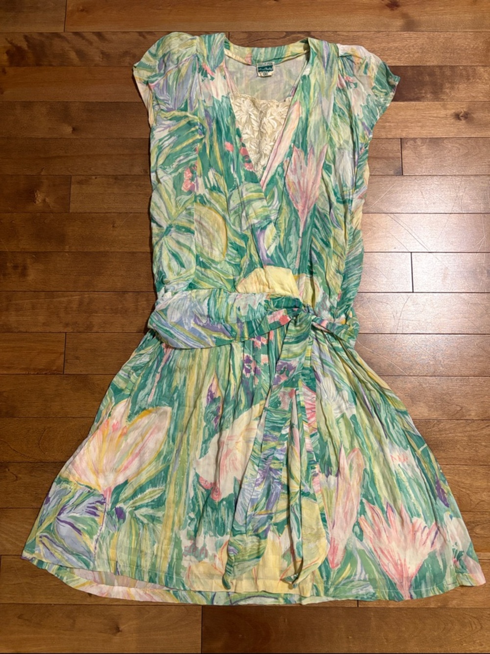 Vintage 60s Floral Watercolor Wrap Dress - Pastel Greens & Pinks | Cotton